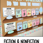 fiction and nonfiction library bulletin board with shelf